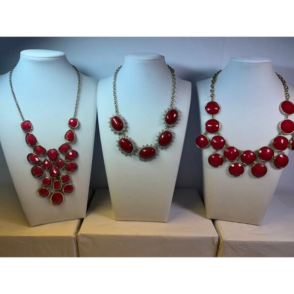 3 holiday red statement bib flower floral bling enamel necklaces bundle lot - Picture 2 of 13